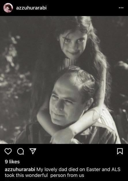 Instagram post from azzurhurabi. B&w picture of a small girl and a man. Text: My lovely dad died on Easter and ALS took this wonderful person from us.